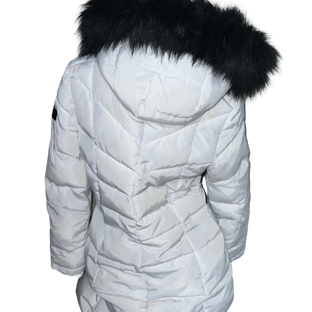 Karl Lagerfeld White Down Puffer Coat Jacket with Hood and Black Faux Fur Trim - Picture 3 of 5